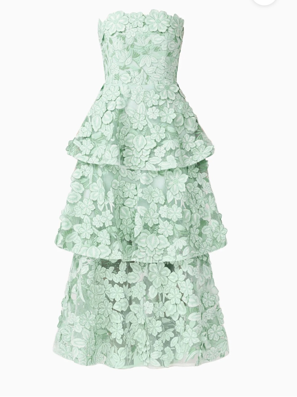 elliatt roseate green 3d floral lace applique strapless tiered maxi dress large - Picture 14 of 14